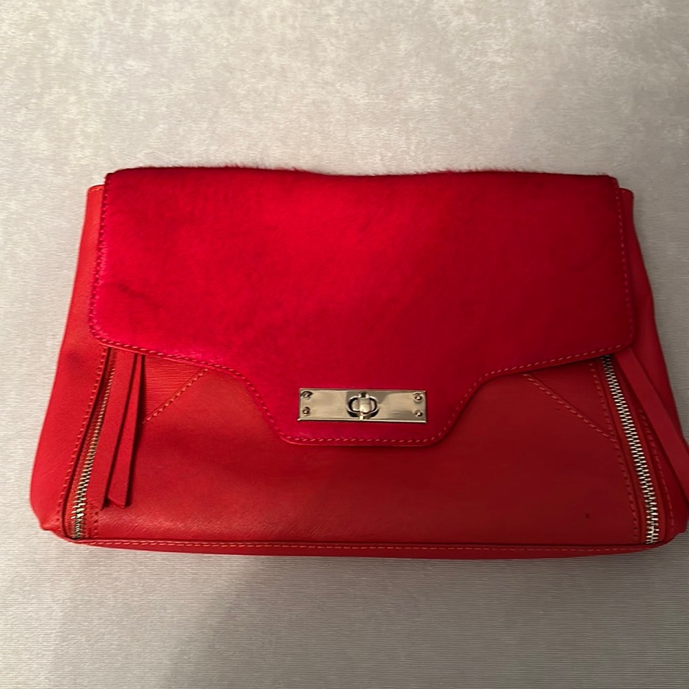Marciano Red Calf Hair Clutch with Gold Chain